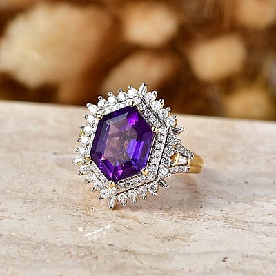 D'Joy AAA Lusaka Amethyst and Moissanite 6.50 ctw Sunburst Ring in 18K Vermeil Yellow Gold Over Sterling Silver (Size 7.0)