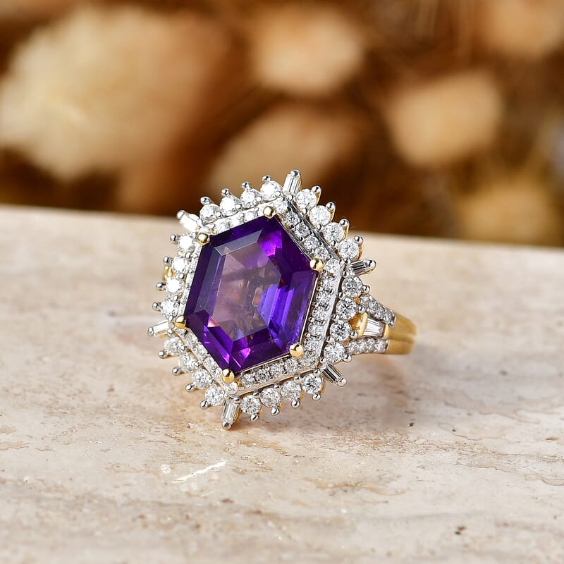 D'Joy AAA Lusaka Amethyst and Moissanite 6.50 ctw Sunburst Ring in 18K Vermeil Yellow Gold Over Sterling Silver (Size 7.0)