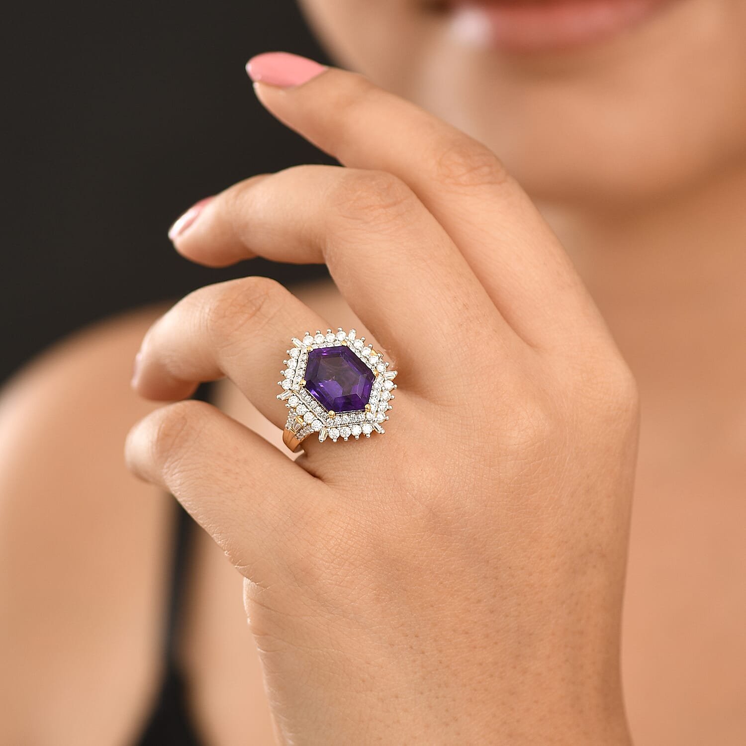 D'Joy AAA Lusaka Amethyst and Moissanite 6.50 ctw Sunburst Ring in 18K Vermeil Yellow Gold Over Sterling Silver (Size 7.0)