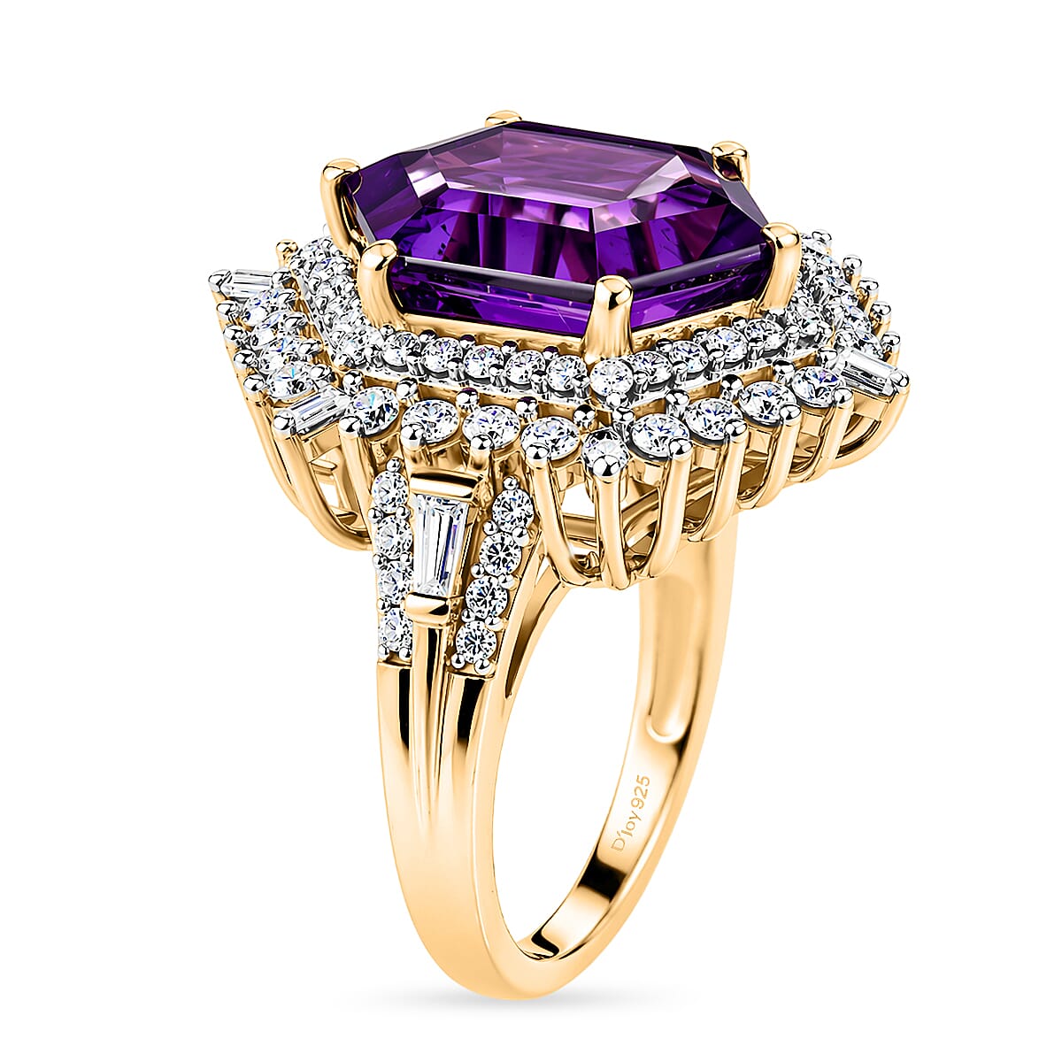 D'Joy AAA Lusaka Amethyst and Moissanite 6.50 ctw Sunburst Ring in 18K Vermeil Yellow Gold Over Sterling Silver (Size 7.0)