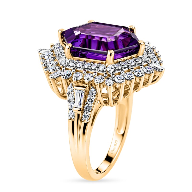 D'Joy AAA Lusaka Amethyst and Moissanite 6.50 ctw Sunburst Ring in 18K Vermeil Yellow Gold Over Sterling Silver (Size 7.0)