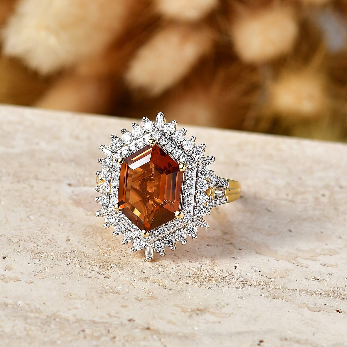 D'Joy AAA Santa Ana Madeira Citrine and Moissanite 5.90 ctw Sunburst Ring in 18K Vermeil Yellow Gold Over Sterling Silver (Size 10.0) image number 1