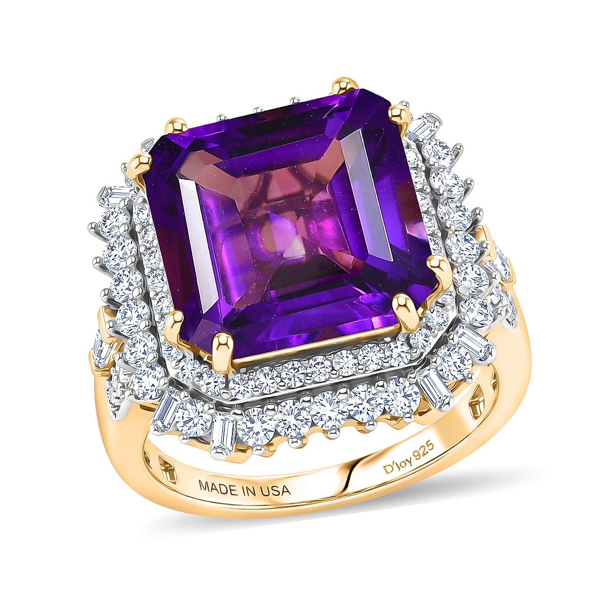 D'Joy Assher Cut AAA Lusaka Amethyst and Moissanite 8.60 ctw Sunburst Ring in 18K Vermeil Yellow Gold Over Sterling Silver (Size 6.0)