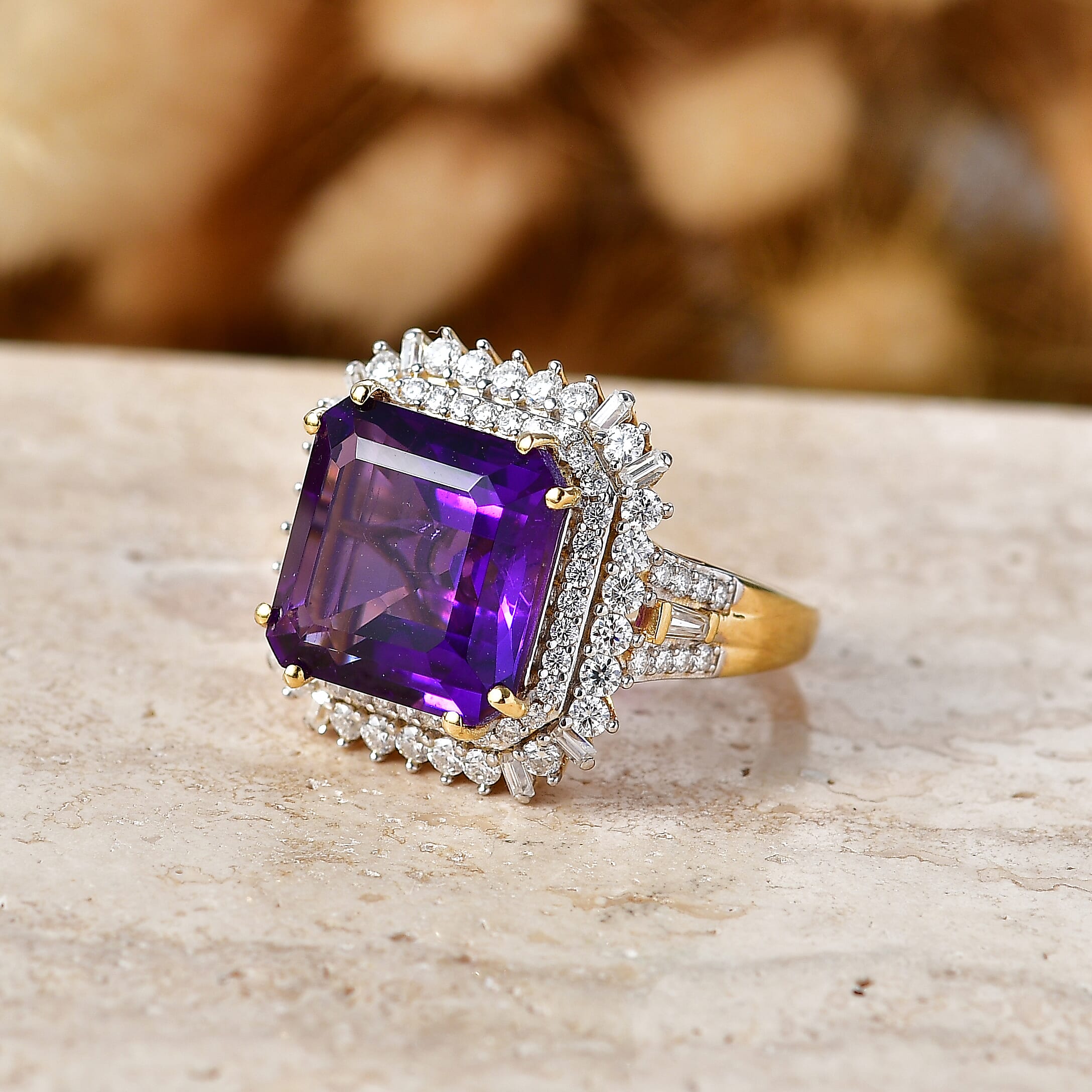 D'Joy Assher Cut AAA Lusaka Amethyst and Moissanite 8.60 ctw Sunburst Ring in 18K Vermeil Yellow Gold Over Sterling Silver (Size 6.0)