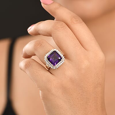 D'Joy Assher Cut AAA Lusaka Amethyst and Moissanite 8.60 ctw Sunburst Ring in 18K Vermeil Yellow Gold Over Sterling Silver (Size 6.0)
