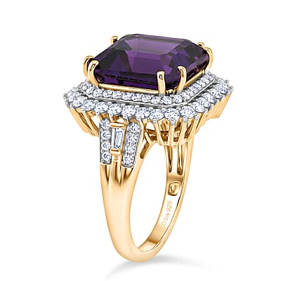 D'Joy Assher Cut AAA Lusaka Amethyst and Moissanite 8.60 ctw Sunburst Ring in 18K Vermeil Yellow Gold Over Sterling Silver (Size 6.0)