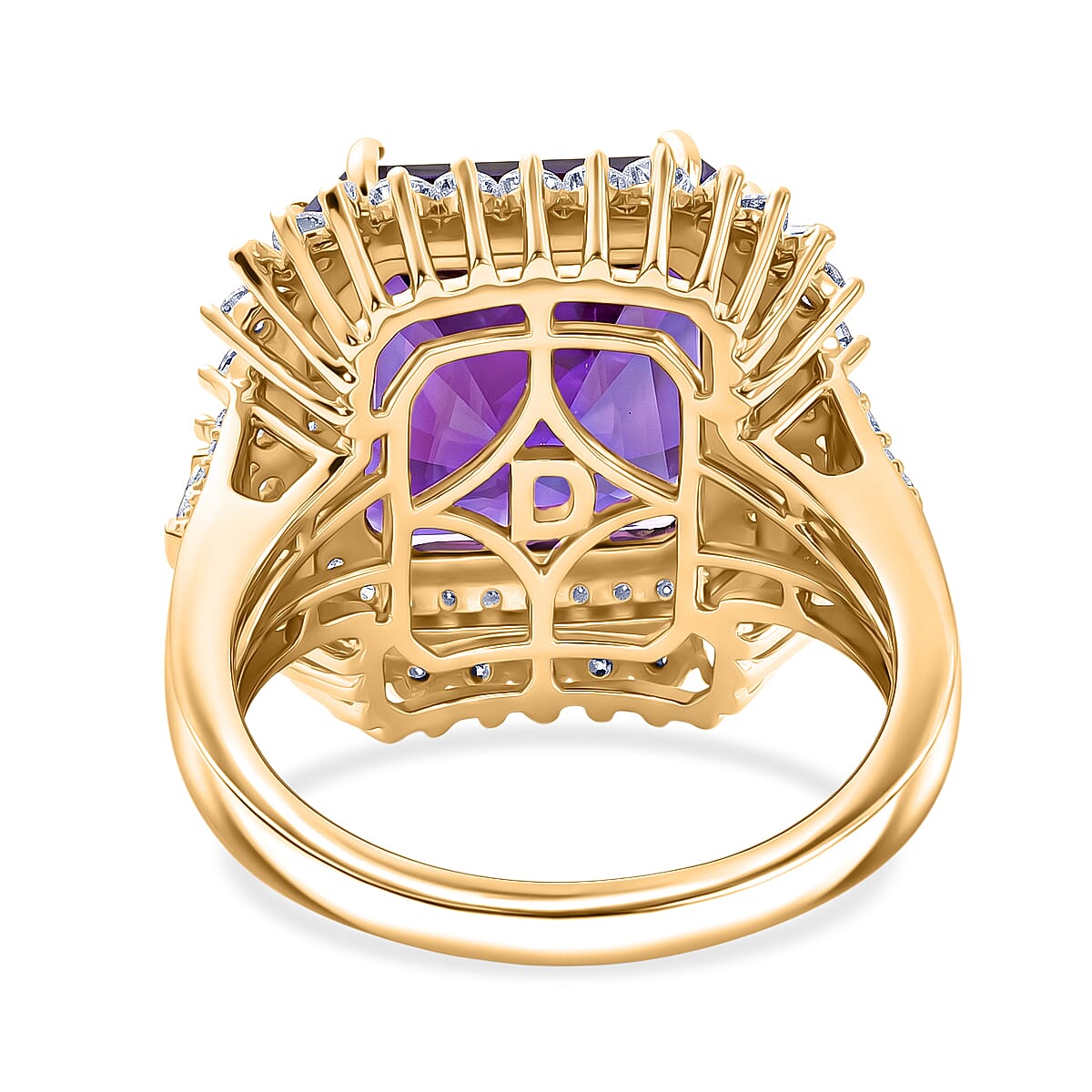 D'Joy Assher Cut AAA Lusaka Amethyst and Moissanite 8.60 ctw Sunburst Ring in 18K Vermeil Yellow Gold Over Sterling Silver (Size 6.0)