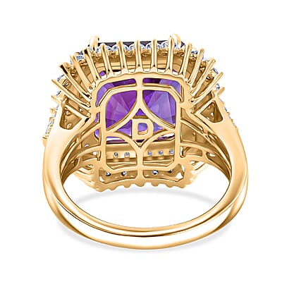 D'Joy Assher Cut AAA Lusaka Amethyst and Moissanite 8.60 ctw Sunburst Ring in 18K Vermeil Yellow Gold Over Sterling Silver (Size 6.0)