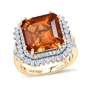 D'Joy Assher Cut AAA Santa Ana Madeira Citrine and Moissanite 9.00 ctw Sunburst Ring in 18K Vermeil Yellow Gold Over Sterling Silver (Size 10.0)