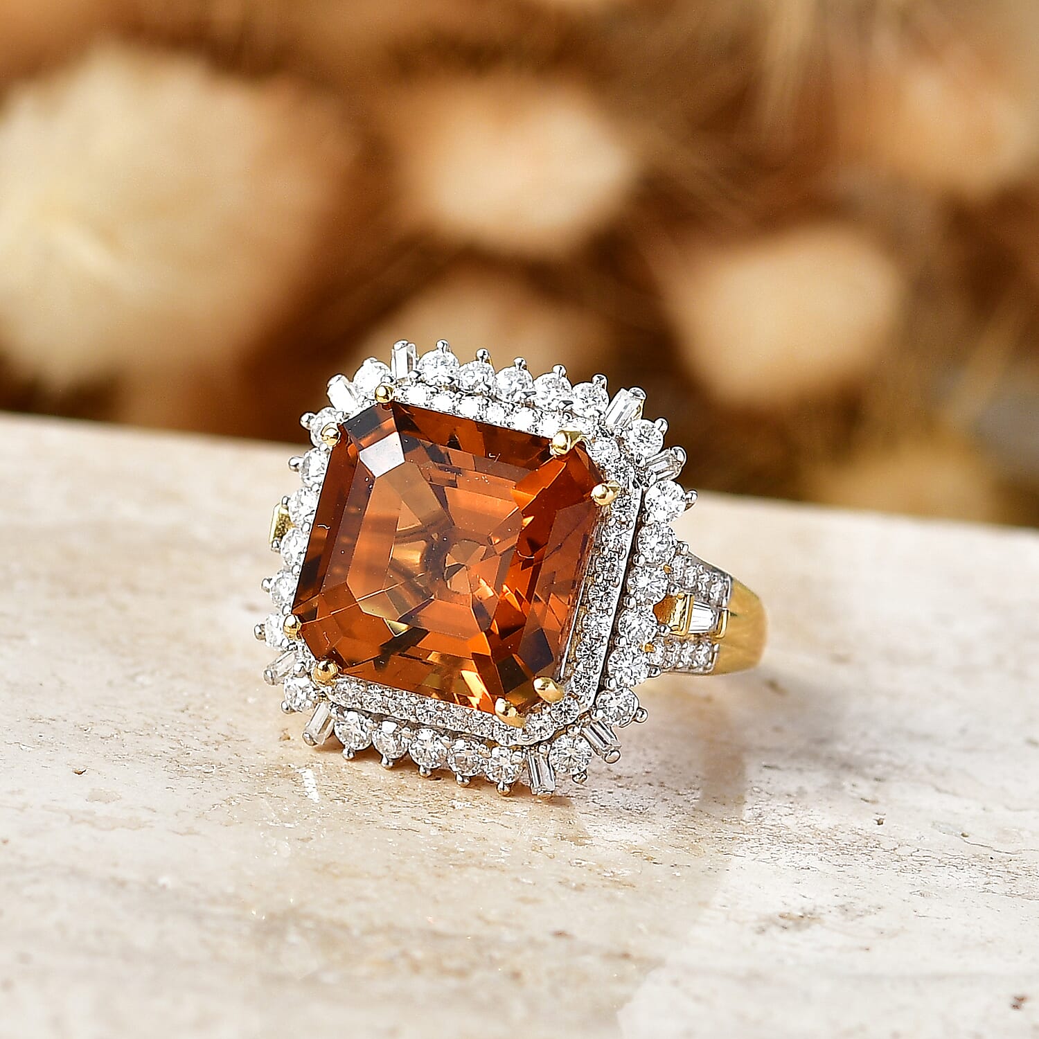 D'Joy Assher Cut AAA Santa Ana Madeira Citrine and Moissanite 9.00 ctw Sunburst Ring in 18K Vermeil Yellow Gold Over Sterling Silver (Size 7.0)