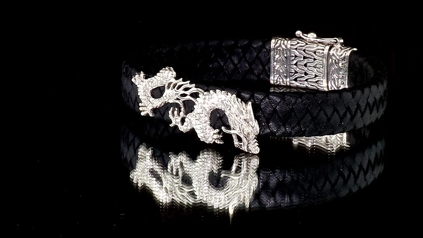 D''Joy Bali Legacy Sterling Silver Dragon, Leather Cord Bracelet (7.25 In) (15.40 g)