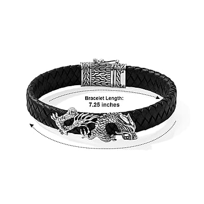 D'Joy Bali Legacy Sterling Silver Dragon, Leather Cord Bracelet (7.25 In) 15.40 Grams