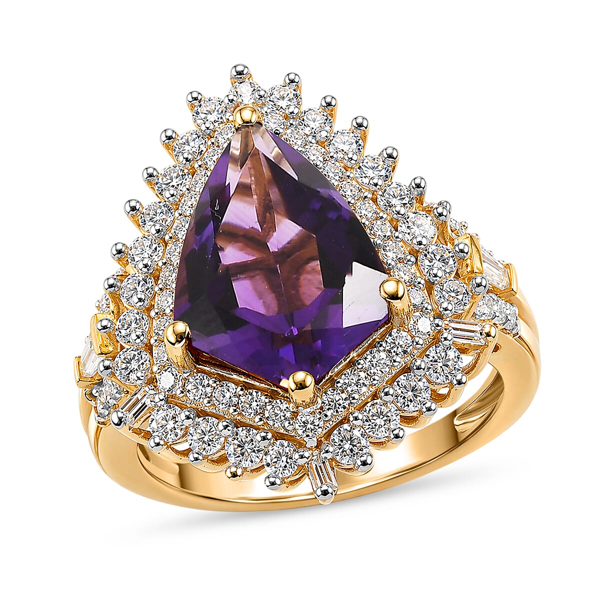 D'Joy AAA Fancy Cut Lusaka Amethyst and Moissanite 4.75 ctw Sunburst Ring in 18K Vermeil Yellow Gold Over Sterling Silver (Size 6.0)