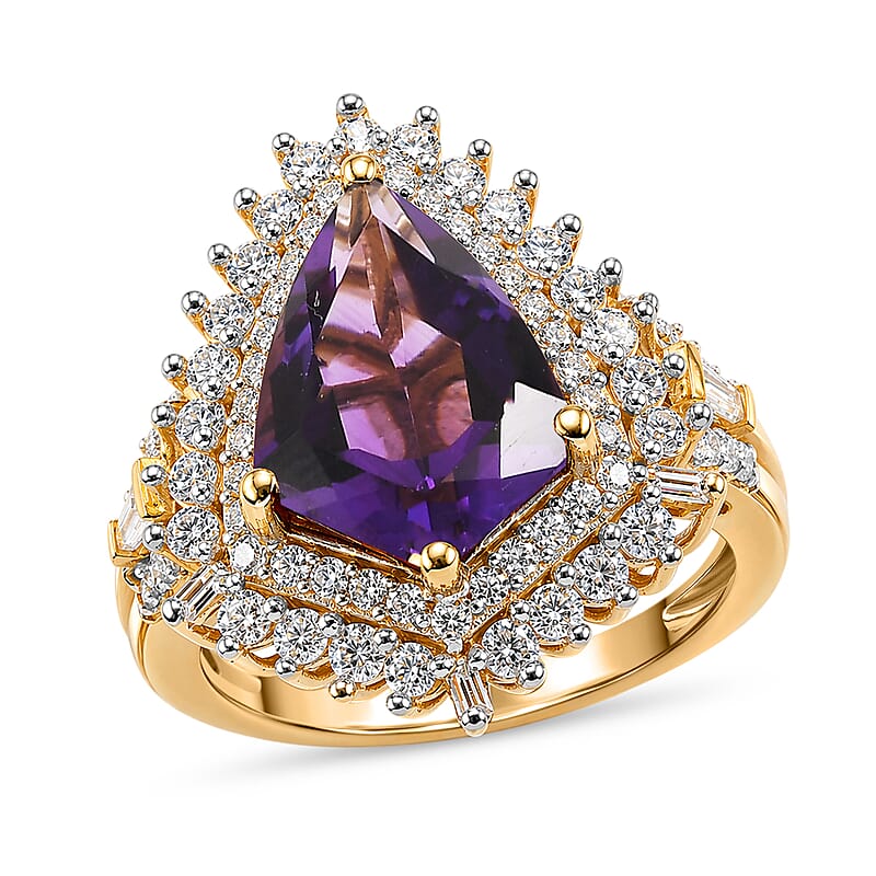 D'Joy AAA Fancy Cut Lusaka Amethyst and Moissanite 4.75 ctw Sunburst Ring in 18K Vermeil Yellow Gold Over Sterling Silver (Size 6.0)