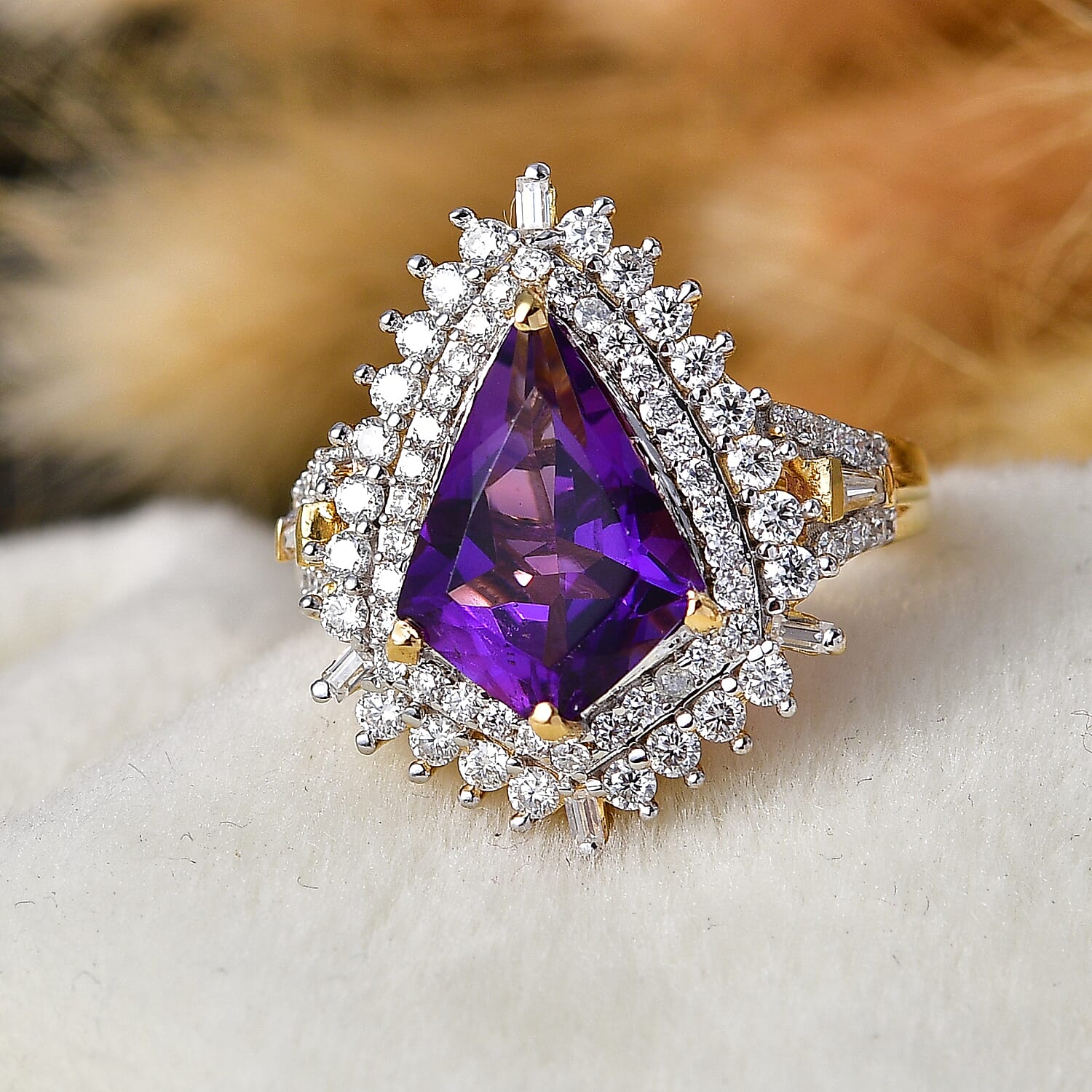 D'Joy AAA Fancy Cut Lusaka Amethyst and Moissanite 4.75 ctw Sunburst Ring in 18K Vermeil Yellow Gold Over Sterling Silver (Size 6.0)