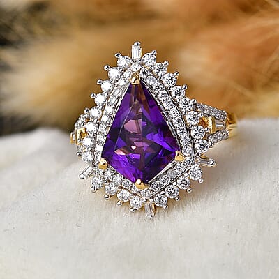 D'Joy AAA Fancy Cut Lusaka Amethyst and Moissanite 4.75 ctw Sunburst Ring in 18K Vermeil Yellow Gold Over Sterling Silver (Size 6.0)