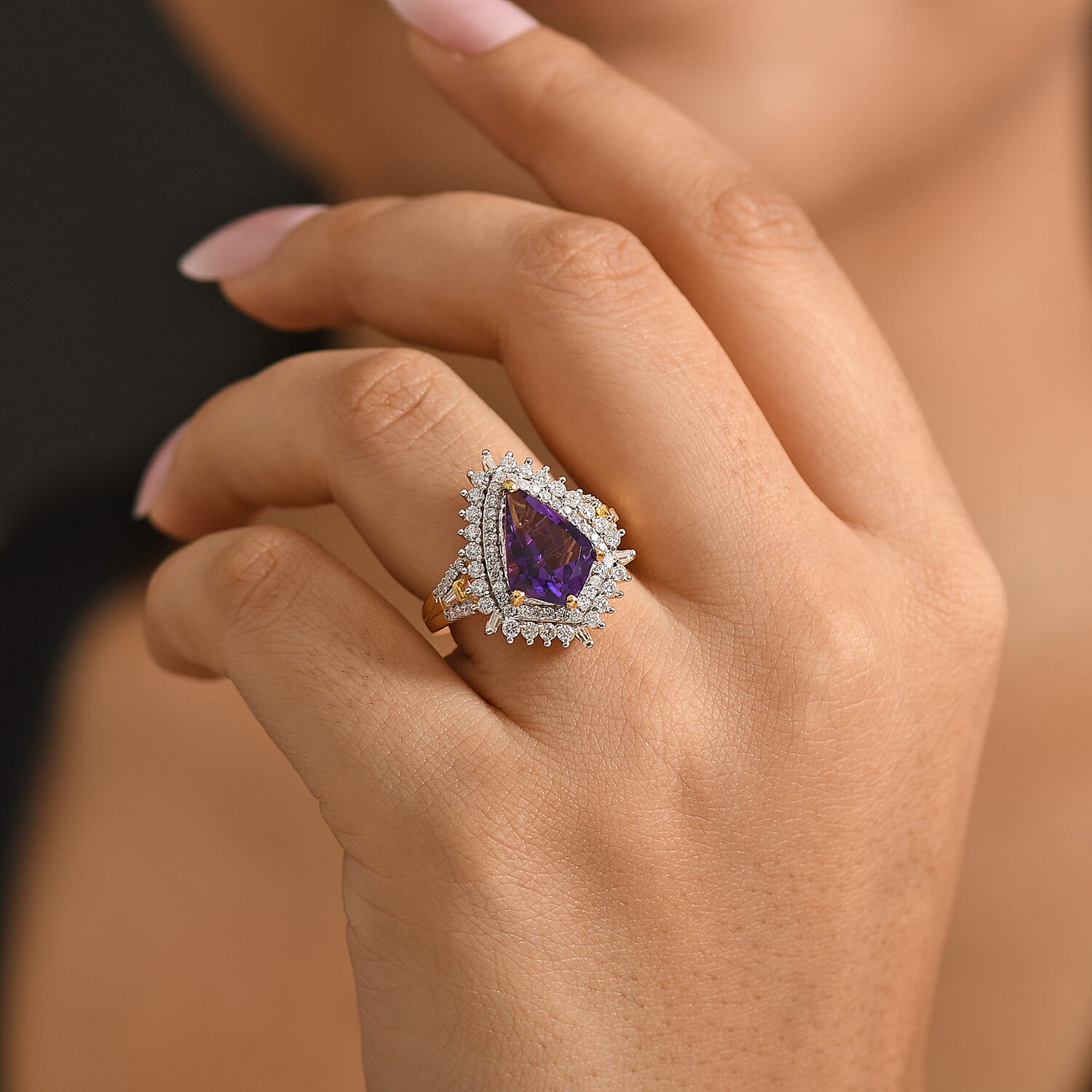 D'Joy AAA Fancy Cut Lusaka Amethyst and Moissanite 4.75 ctw Sunburst Ring in 18K Vermeil Yellow Gold Over Sterling Silver (Size 6.0)