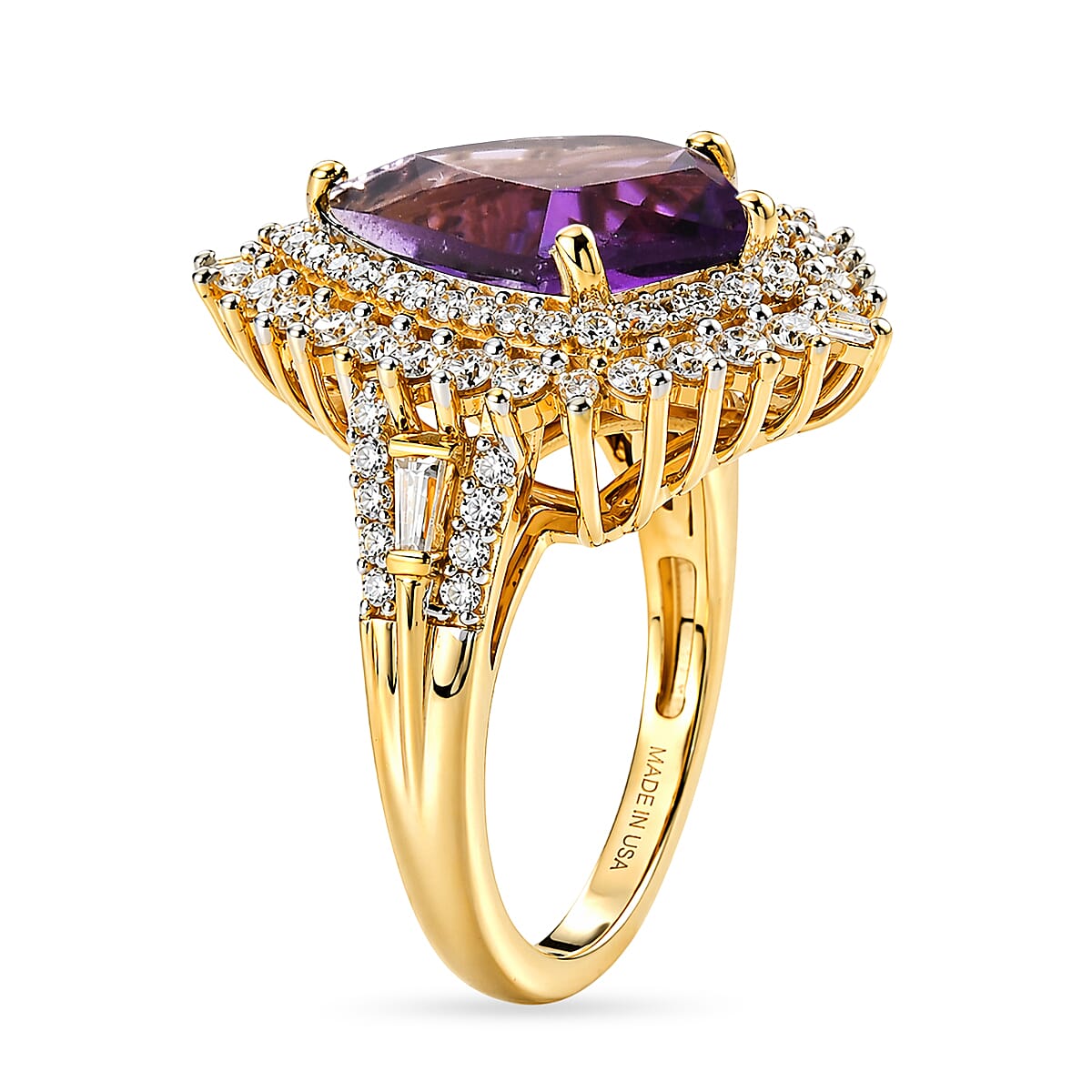 D'Joy AAA Fancy Cut Lusaka Amethyst and Moissanite 4.75 ctw Sunburst Ring in 18K Vermeil Yellow Gold Over Sterling Silver (Size 6.0)