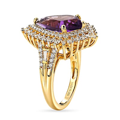 D'Joy AAA Fancy Cut Lusaka Amethyst and Moissanite 4.75 ctw Sunburst Ring in 18K Vermeil Yellow Gold Over Sterling Silver (Size 6.0)
