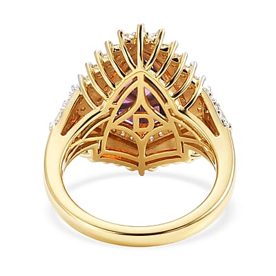 D'Joy AAA Fancy Cut Lusaka Amethyst and Moissanite 4.75 ctw Sunburst Ring in 18K Vermeil Yellow Gold Over Sterling Silver (Size 6.0)