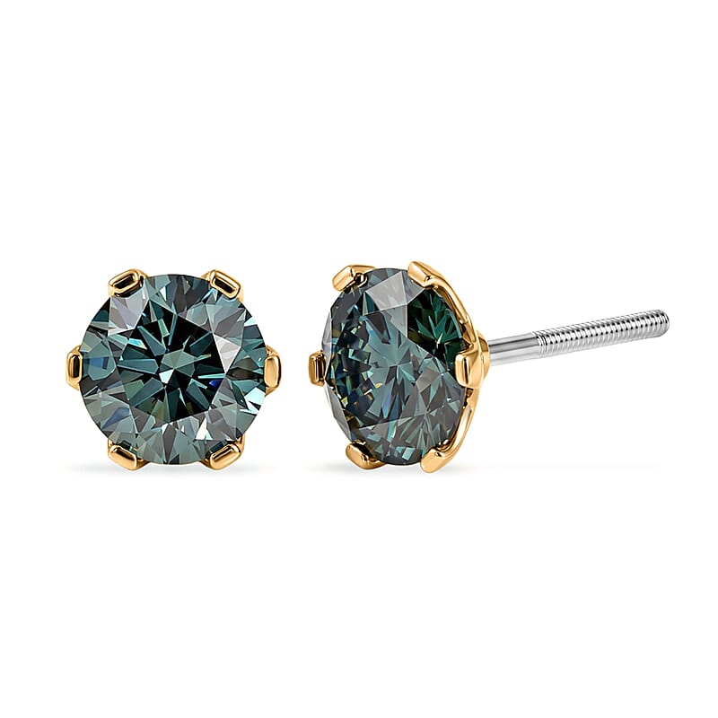 SGL Certified Luxuriant Lab Grown Green Diamond (IR) VS 2.00 ctw Solitaire Stud Earrings in 10K Green Gold with White Gold Screw Back