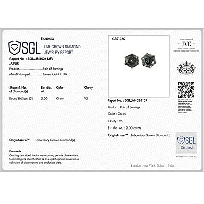 SGL Certified Luxuriant Lab Grown Green Diamond (IR) VS 2.00 ctw Midnight Crown Solitaire Stud Earrings in 10K Green Gold with White Gold Screw Back