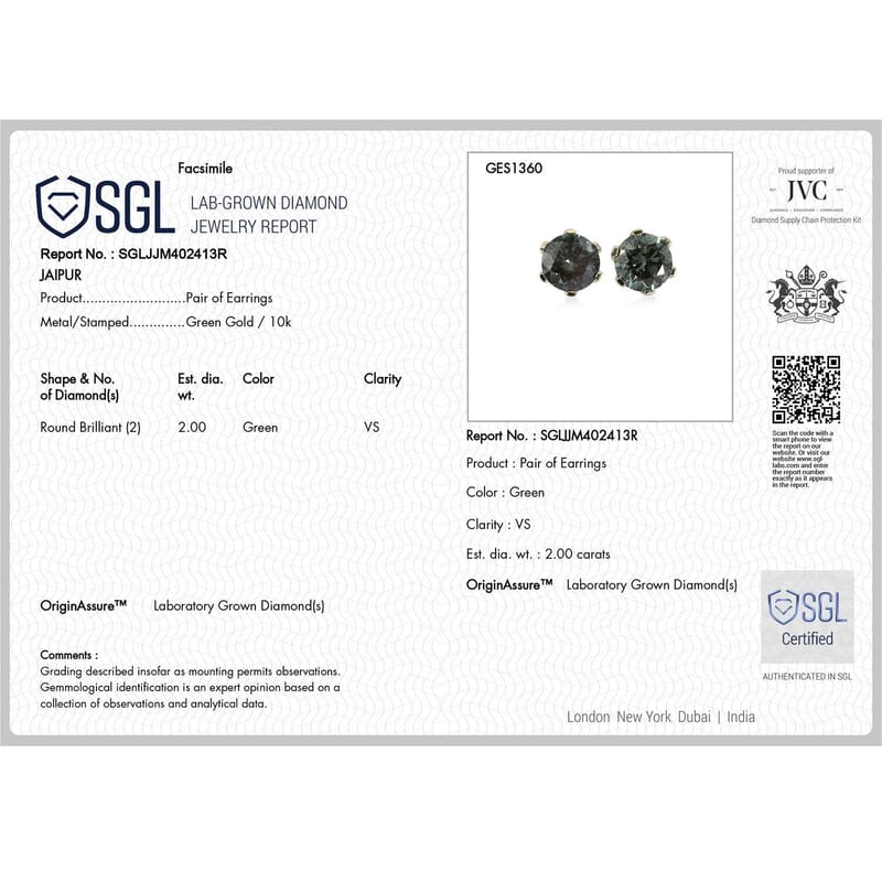 SGL Certified Luxuriant Lab Grown Green Diamond (IR) VS 2.00 ctw Midnight Crown Solitaire Stud Earrings in 10K Green Gold with White Gold Screw Back