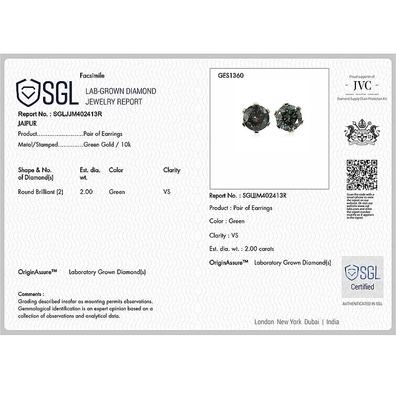 SGL Certified Luxuriant Lab Grown Green Diamond (IR) VS 2.00 ctw Solitaire Stud Earrings in 10K Green Gold with White Gold Screw Back