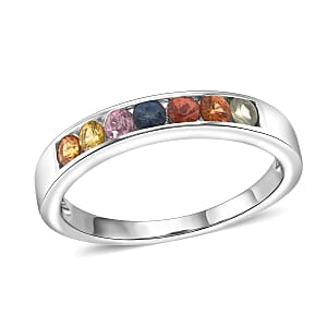D'Joy Multi Sapphire 0.60 ctw Half Eternity Ring in Rhodium Over Sterling Silver (Size 8.0)