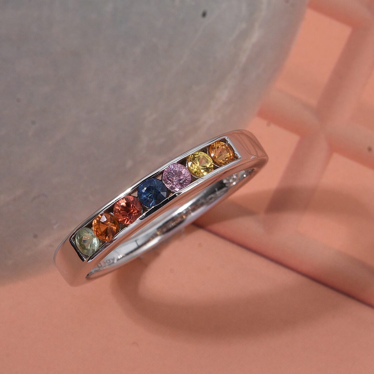 D'Joy Multi Sapphire 0.60 ctw Half Eternity Ring in Rhodium Over Sterling Silver (Size 8.0) image number 1
