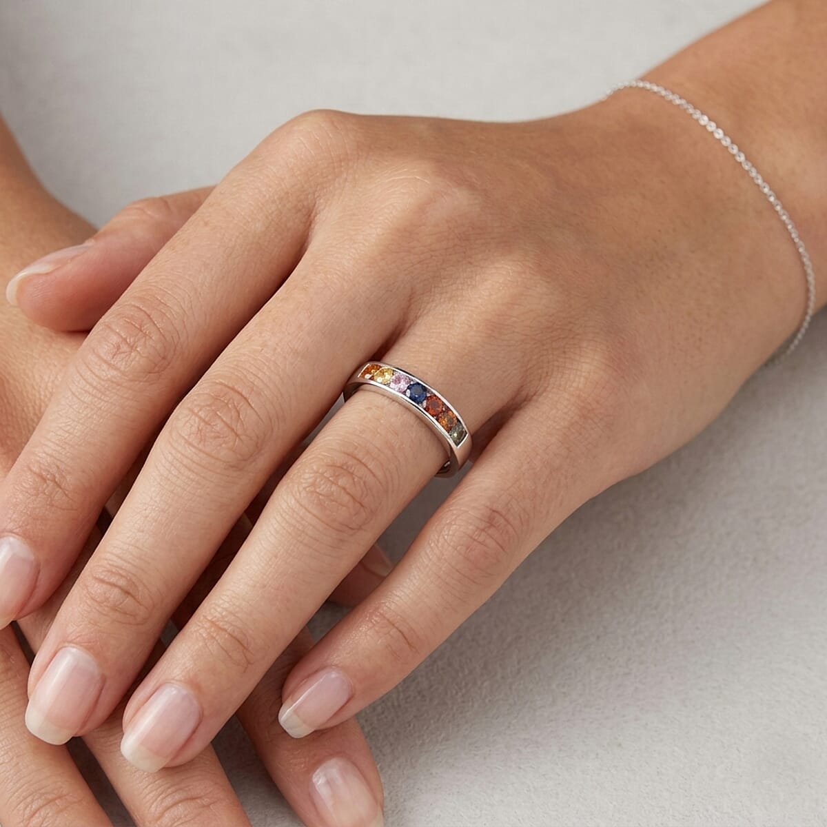 D'Joy Multi Sapphire 0.60 ctw Half Eternity Ring in Rhodium Over Sterling Silver (Size 8.0) image number 2