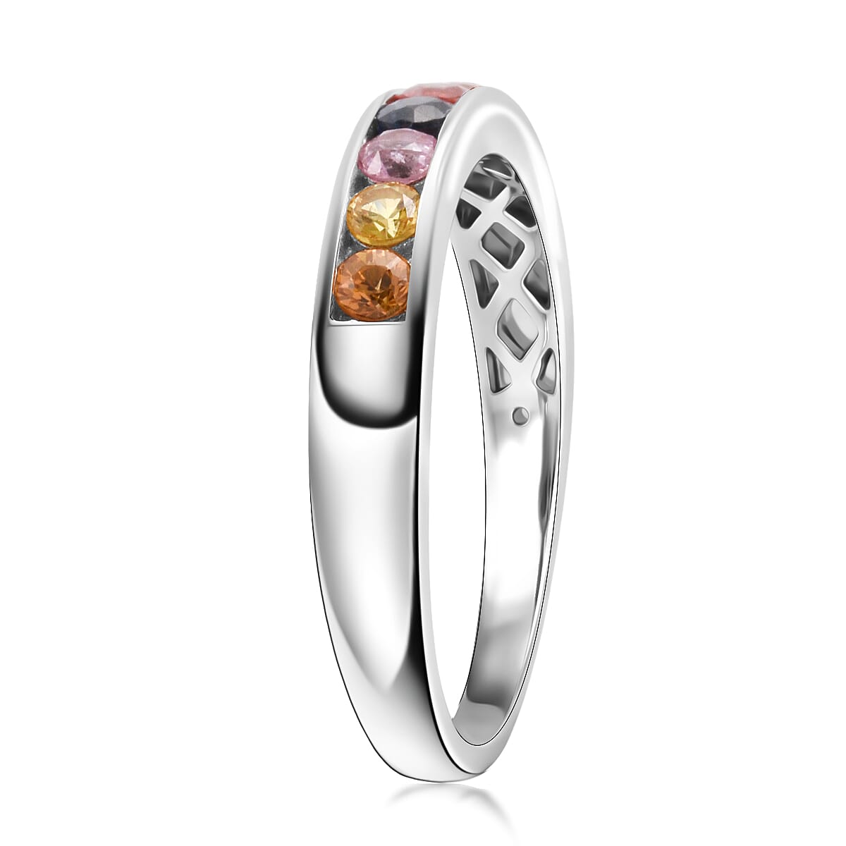 D'Joy Multi Sapphire 0.60 ctw Half Eternity Ring in Rhodium Over Sterling Silver (Size 8.0) image number 3