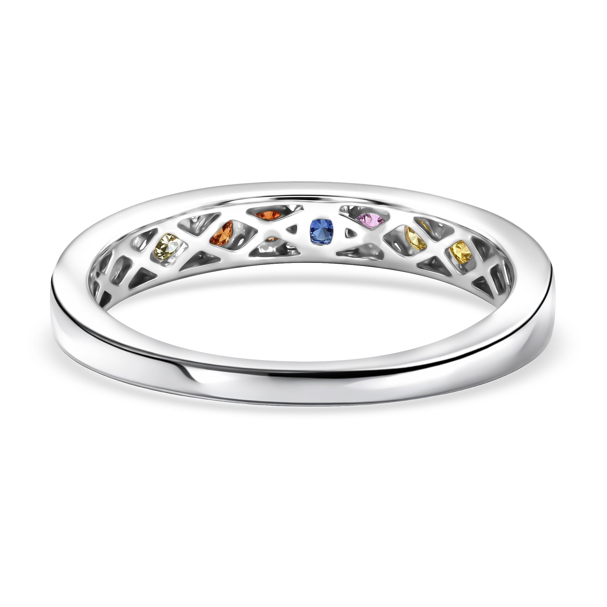 D'Joy Multi Sapphire 0.60 ctw Half Eternity Ring in Rhodium Over Sterling Silver (Size 8.0)