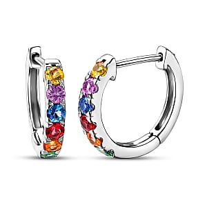 D'Joy Premium Multi Sapphire 1.20 ctw Hoop Earrings in Rhodium Over Sterling Silver
