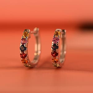 D'Joy Premium Multi Sapphire 1.20 ctw Hoop Earrings in Rhodium Over Sterling Silver