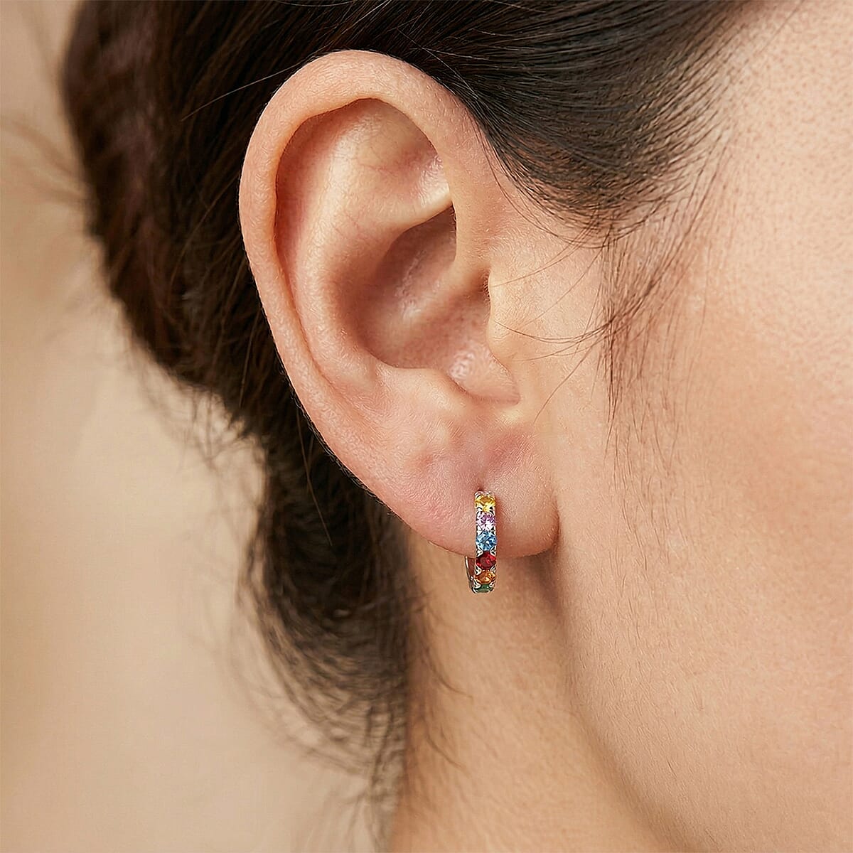 D'Joy Premium Multi Sapphire 1.20 ctw Hoop Earrings in Rhodium Over Sterling Silver image number 2