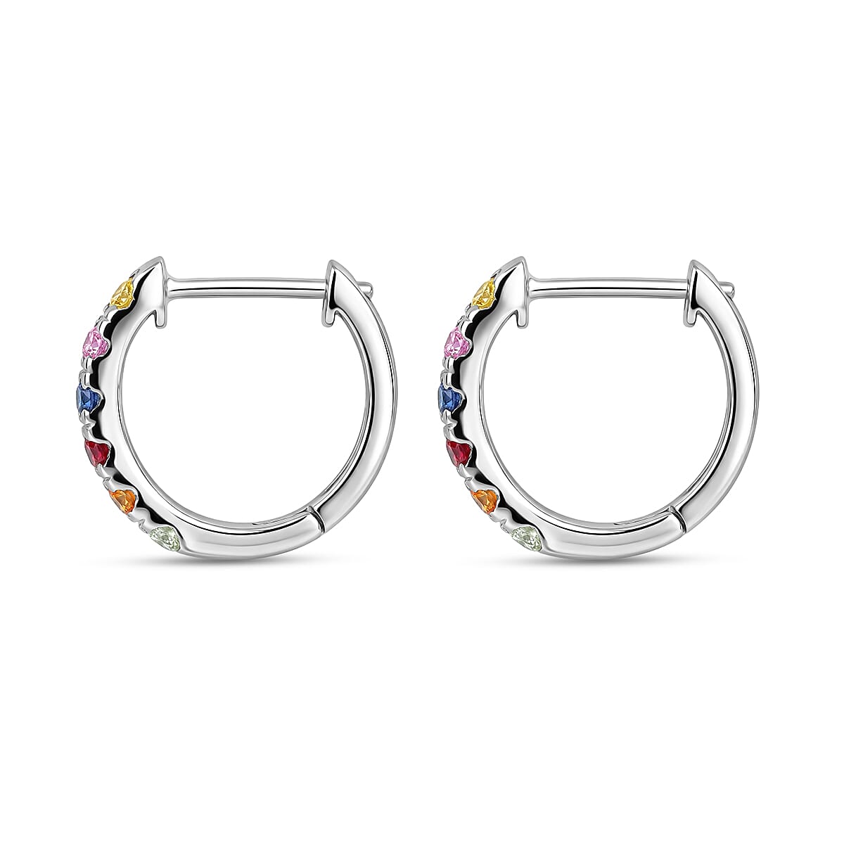 D'Joy Premium Multi Sapphire 1.20 ctw Hoop Earrings in Rhodium Over Sterling Silver image number 3
