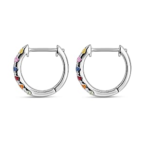 D'Joy Premium Multi Sapphire 1.20 ctw Hoop Earrings in Rhodium Over Sterling Silver