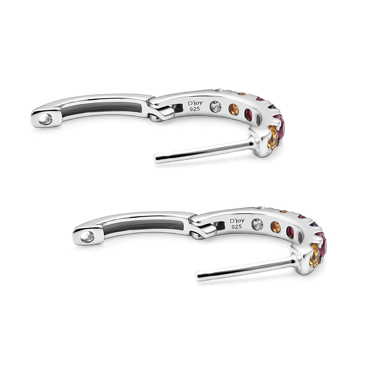 D'Joy Premium Multi Sapphire 1.20 ctw Hoop Earrings in Rhodium Over Sterling Silver