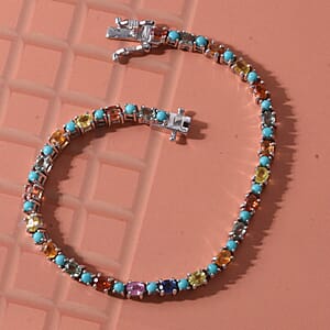 D'Joy Premium Multi Sapphire and Sleeping Beauty Turquoise 6.30 ctw Vivid Skyline Bracelet in Rhodium Over Sterling Silver (6.50 In)