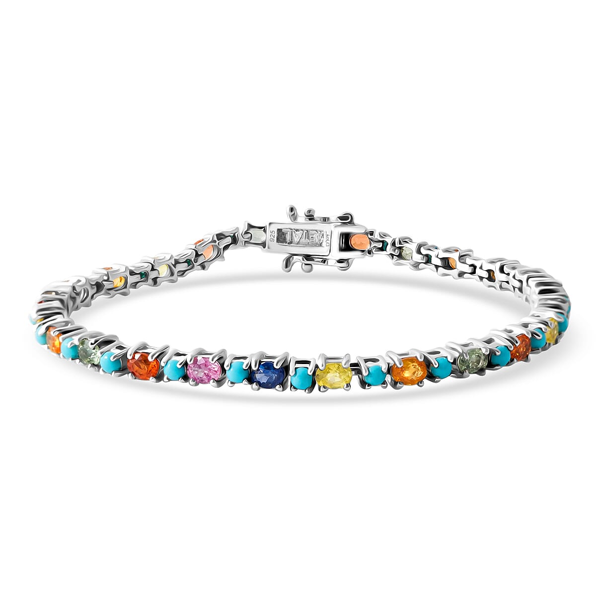 D'Joy Premium Multi Sapphire and Sleeping Beauty Turquoise 7.20 ctw Vivid Skyline Bracelet in Rhodium Over Sterling Silver (7.25 In)