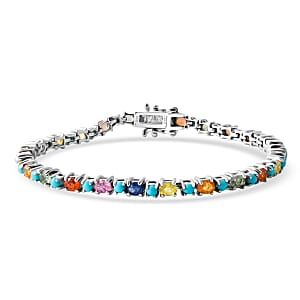 D'Joy Premium Multi Sapphire and Sleeping Beauty Turquoise 7.20 ctw Vivid Skyline Bracelet in Rhodium Over Sterling Silver (7.25 In)