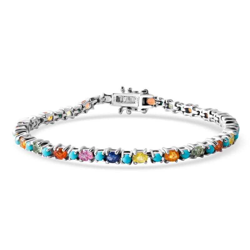D'Joy Premium Multi Sapphire and Sleeping Beauty Turquoise 7.20 ctw Vivid Skyline Bracelet in Rhodium Over Sterling Silver (7.25 In)