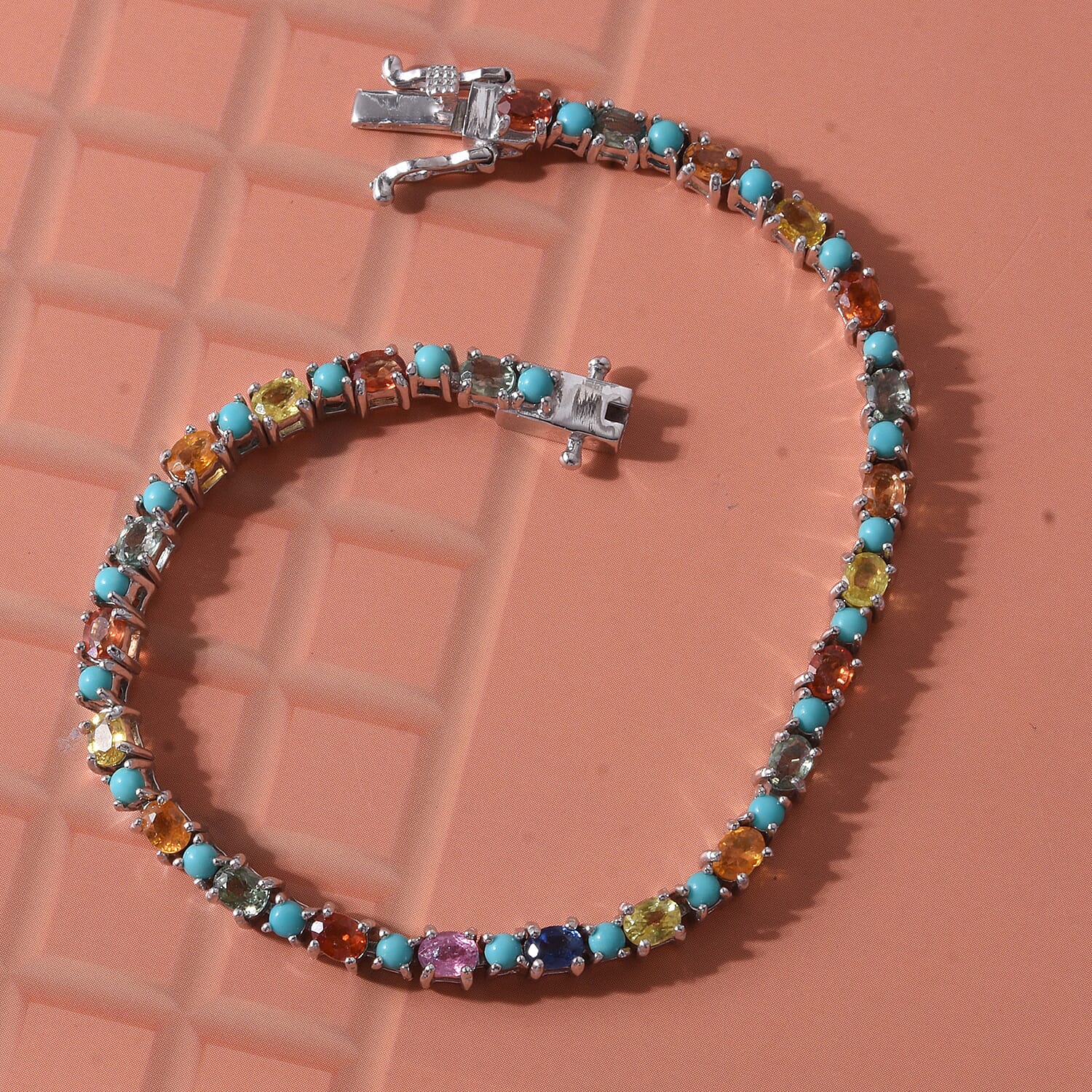 D'Joy Premium Multi Sapphire, Sleeping Beauty Turquoise Vivid Skyline Bracelet in Rhodium Over Sterling Silver