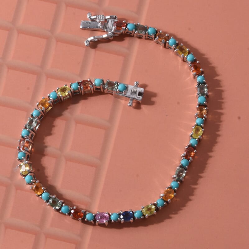 D'Joy Premium Multi Sapphire and Sleeping Beauty Turquoise 7.20 ctw Vivid Skyline Bracelet in Rhodium Over Sterling Silver (7.25 In)