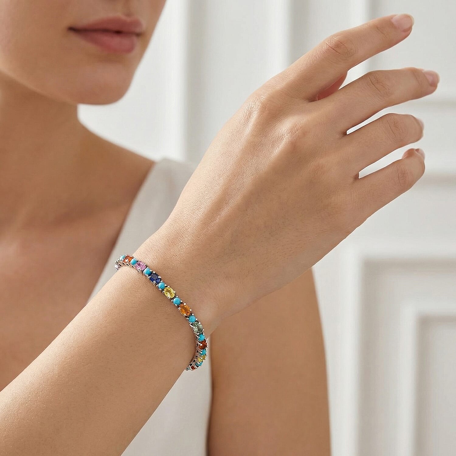 D'Joy Premium Multi Sapphire and Sleeping Beauty Turquoise 7.20 ctw Vivid Skyline Bracelet in Rhodium Over Sterling Silver (7.25 In)