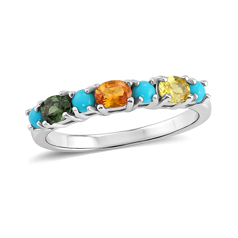 D'Joy Premium Multi Sapphire and Sleeping Beauty Turquoise 1.00 ctw Vivid Skyline Ring in Rhodium Over Sterling Silver (Size 10.0)