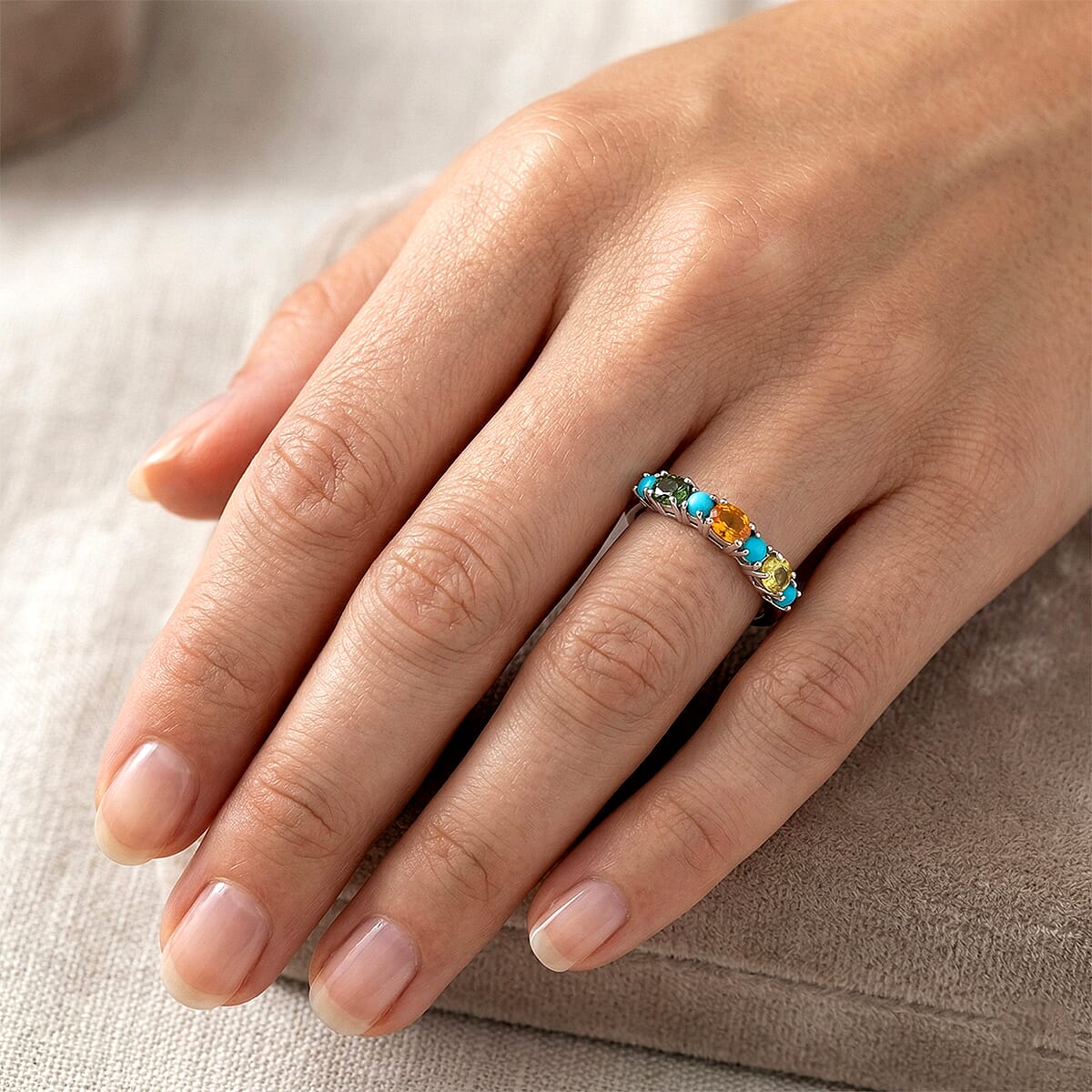 D'Joy Premium Multi Sapphire and Sleeping Beauty Turquoise 1.00 ctw Vivid Skyline Ring in Rhodium Over Sterling Silver (Size 10.0) image number 2