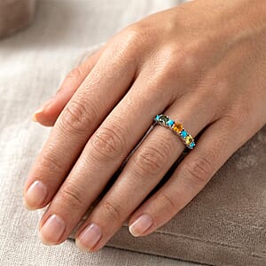 D'Joy Premium Multi Sapphire and Sleeping Beauty Turquoise 1.00 ctw Vivid Skyline Ring in Rhodium Over Sterling Silver (Size 10.0)