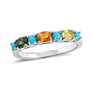D'Joy Premium Multi Sapphire and Sleeping Beauty Turquoise 1.00 ctw Vivid Skyline Ring in Rhodium Over Sterling Silver (Size 7.0)